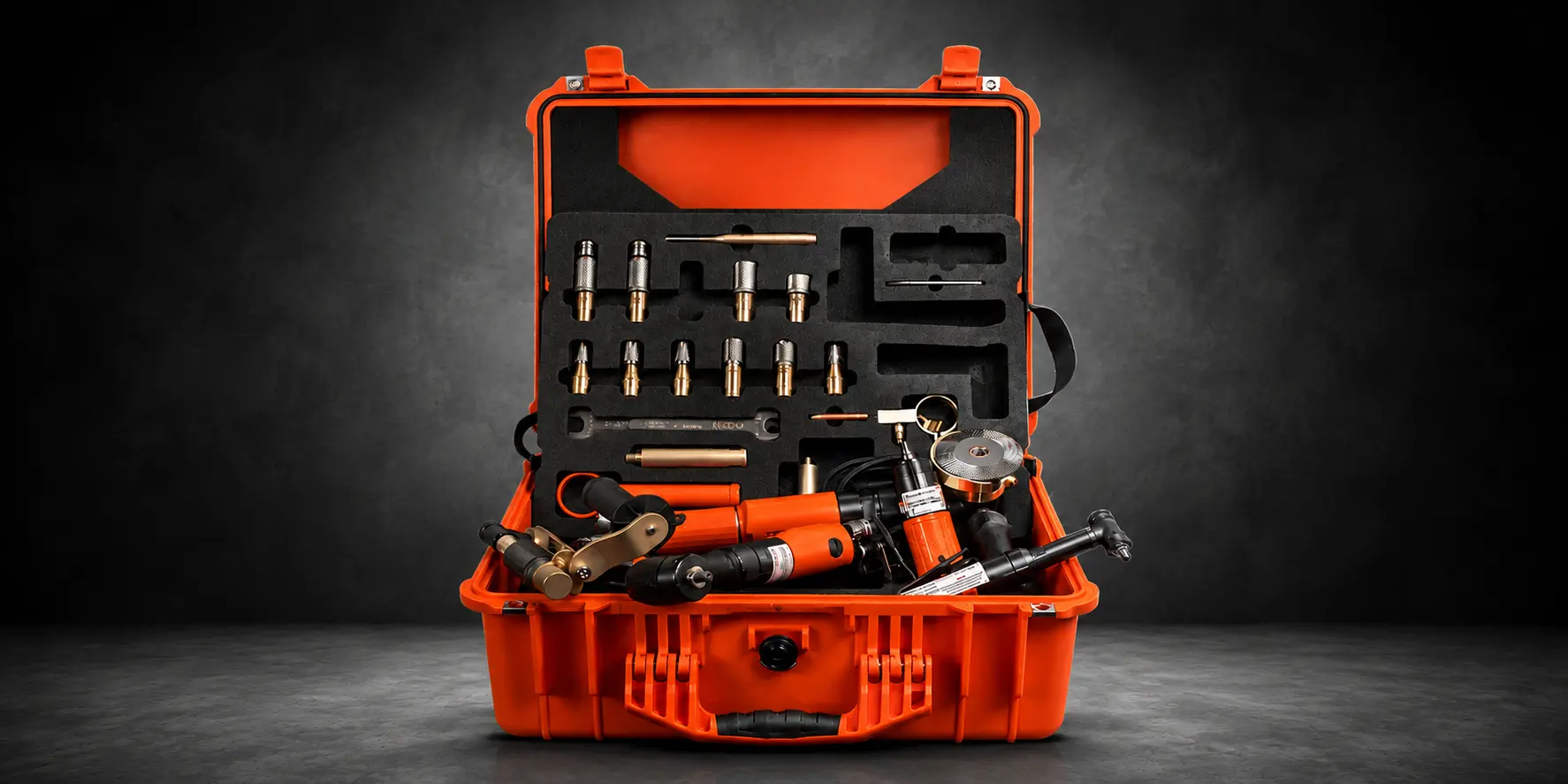Rugged orange tool kit case with industrial tools